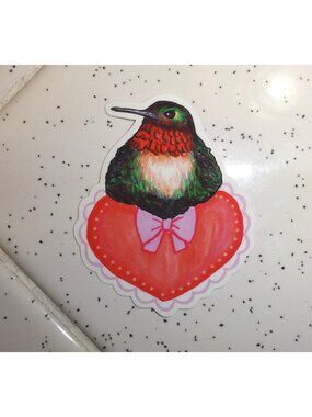 Hummingbird Sitting on a Heart w/ Bow Sticker unique handmade nature art